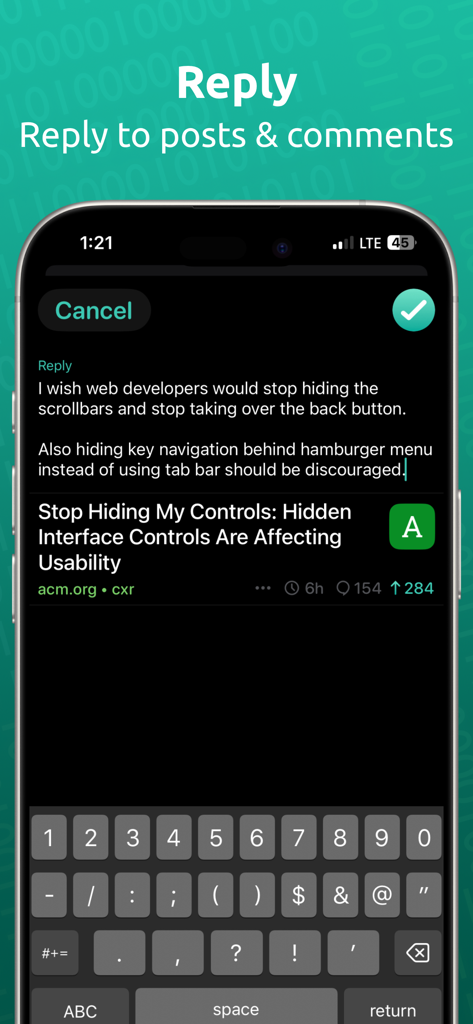 Screenshot of the HACK for Hacker News app showing the reply screen and keyboard in dark mode.