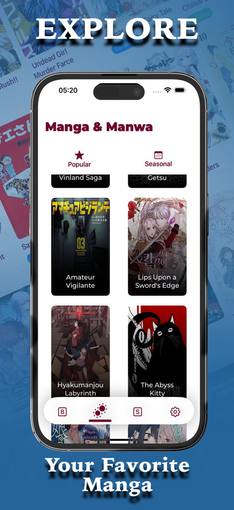 Manga Reader Manwa & Manhua - Écran de smartphone montrant la section d'exploration de l'application Manga Reader avec diverses couvertures de manga et manhwa populaires.