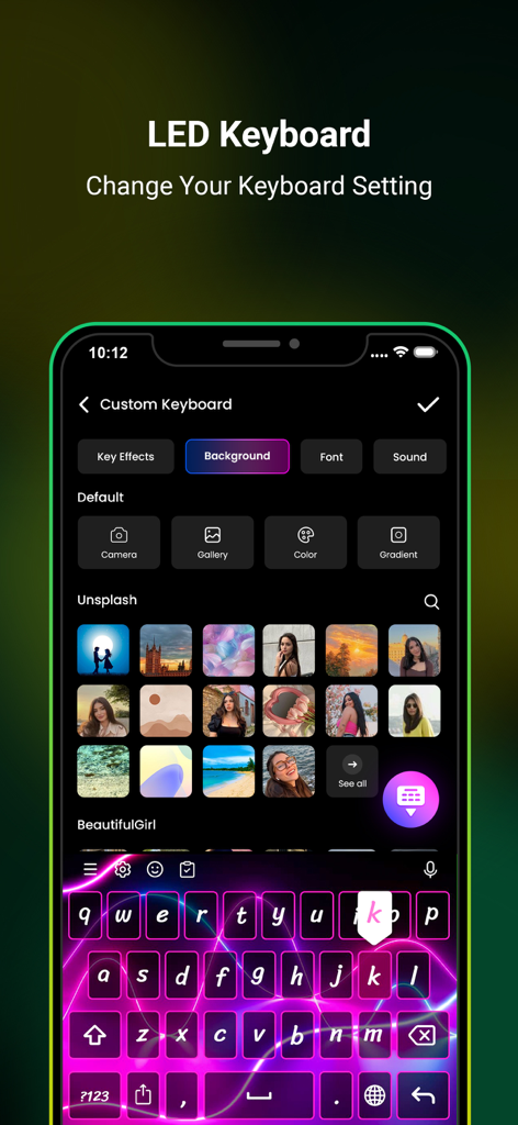 Customization screen of the Neon LED Keyboard app showing background image options and a purple neon keyboard preview.