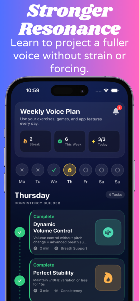 DeepVoice: AI Voice Coach - DeepVoice app interface showing a weekly voice plan with completed vocal exercises and progress tracking