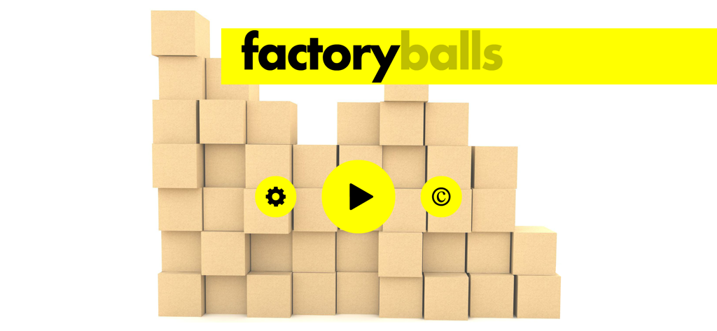 Factory Balls - Main menu screen of the Factory Balls game featuring a play button and stacked cardboard boxes