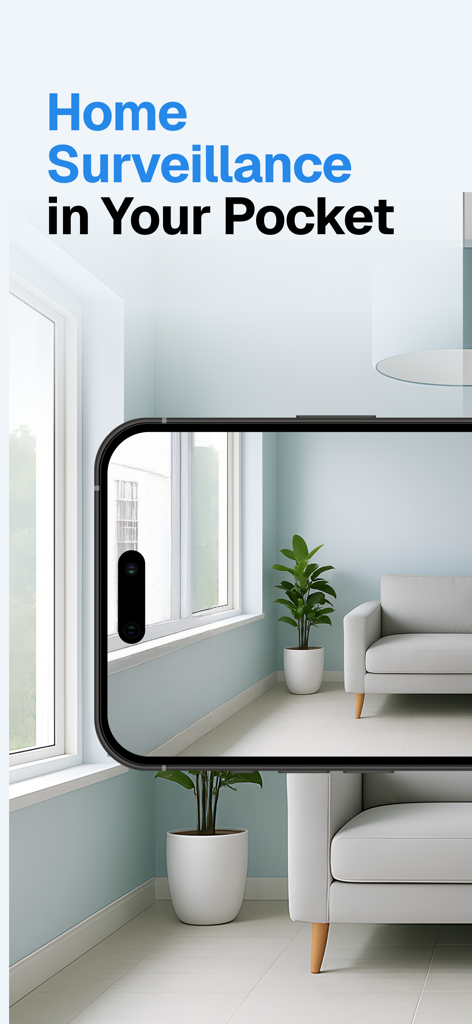 Smartphone displaying a live home security camera feed of a modern living room