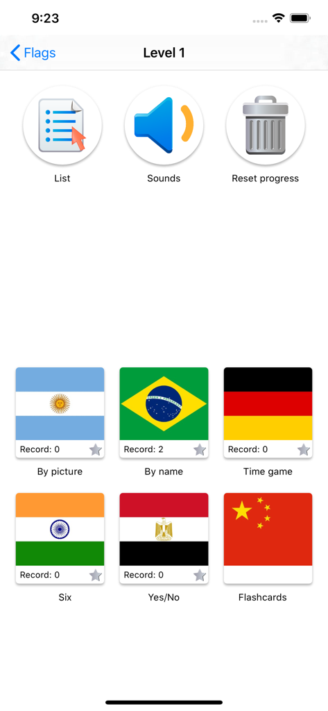 Flags of the world - Quiz - Main menu for level 1 of the Flags of the world Quiz app featuring different game modes like By picture and Time game