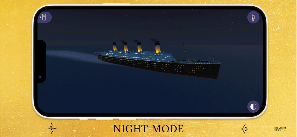 The Titanic ship sailing across the ocean at night in the Titanic 4D Simulator app