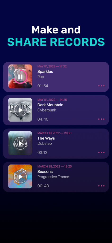 Drum Pad ONE: Dj music maker - A list of saved music recordings in the Drum Pad ONE app with various genres like Pop and Cyberpunk