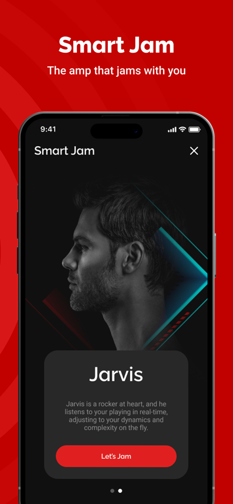 Spark: Chords, Backing Tracks - Écran de la fonction Smart Jam de l'application Spark montrant le membre virtuel du groupe IA Jarvis