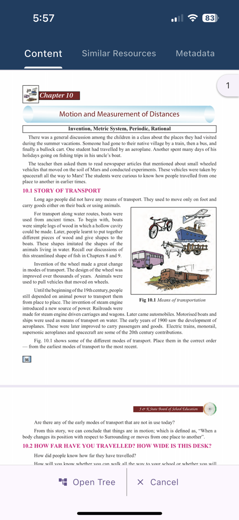 National Digital Library India - Lehrbuchseite in der National Digital Library India App mit einer Lektion über die Geschichte des Transports