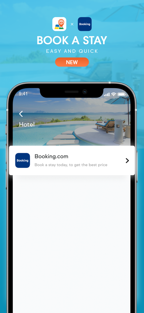 BookMeBus — Bus Ferry and Taxi - BookMeBus app interface showing the new hotel booking feature integrated with Booking.com