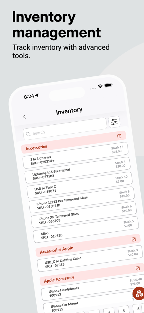 Repair Spots - Repair Spots mobile app inventory management interface showing product stock and prices