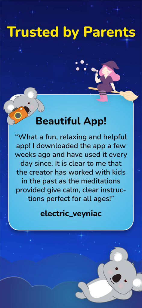 Una recensione di un cliente per l'app Meditazione per Bambini intitolata "App Bellissima" dall'utente electric_veyniac, su uno sfondo stellato con simpatiche illustrazioni di animali.