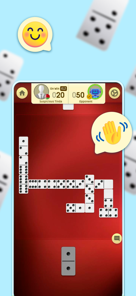Gameplay screen of a classic dominoes match on mobile featuring social emojis