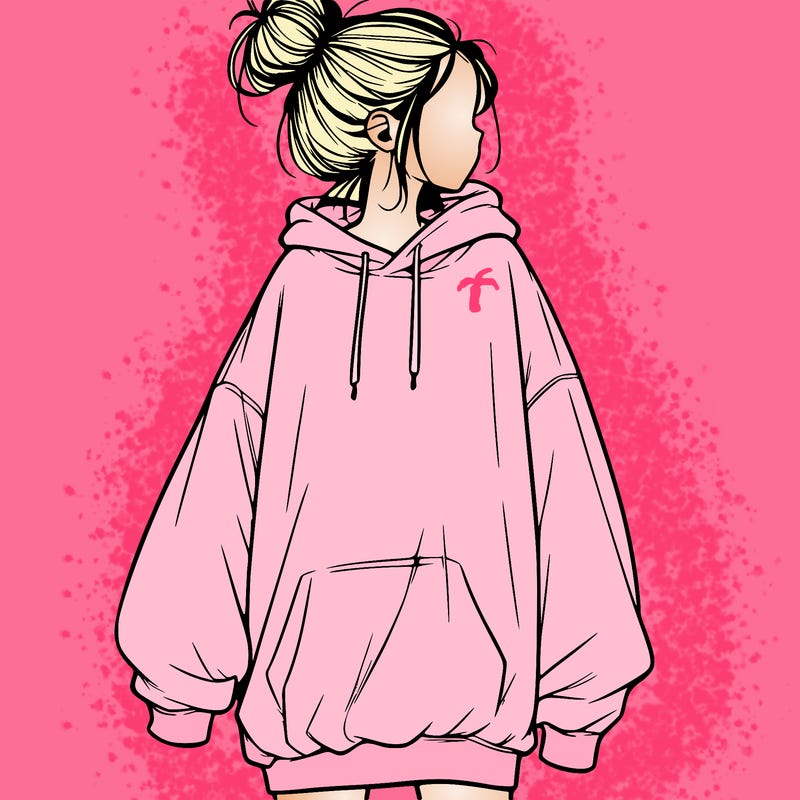 realistic girl with a oversized sweatshirt on and a bun