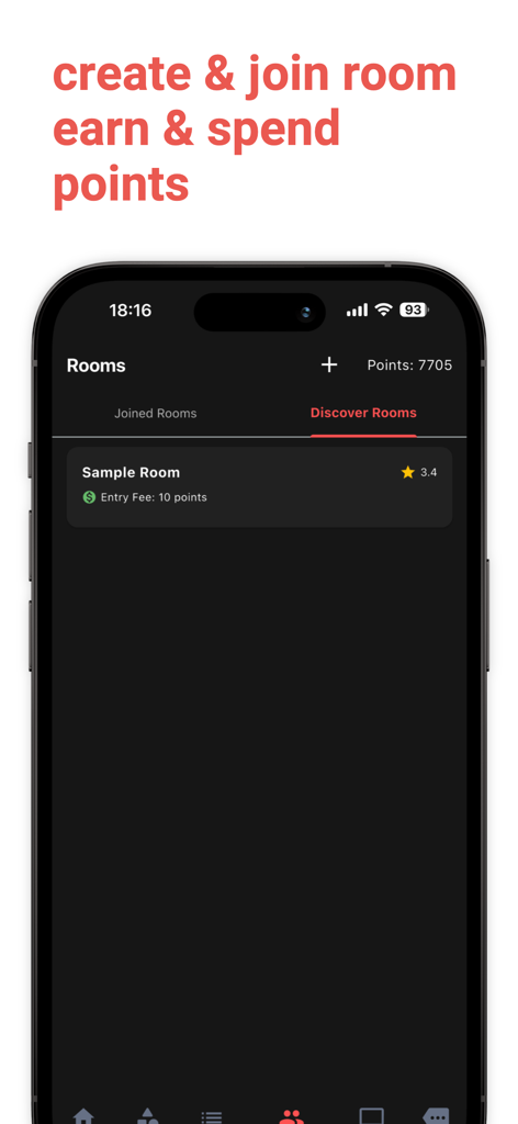 Television IPTV app screen showing the rooms feature with a point-based system for joining channels