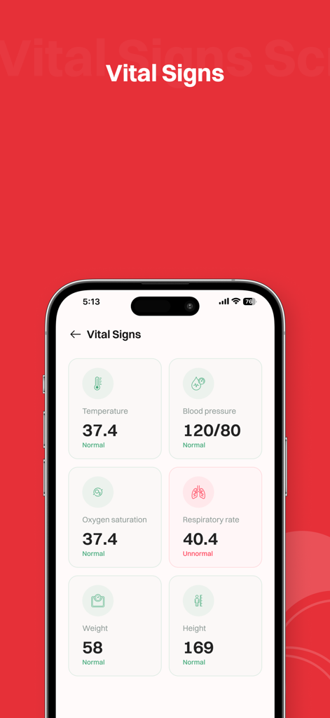 Abdul Latif Jameel Hospital - Panel de monitorización de signos vitales de la aplicación del Hospital ALJ que muestra temperatura, presión arterial, saturación de oxígeno y frecuencia respiratoria.