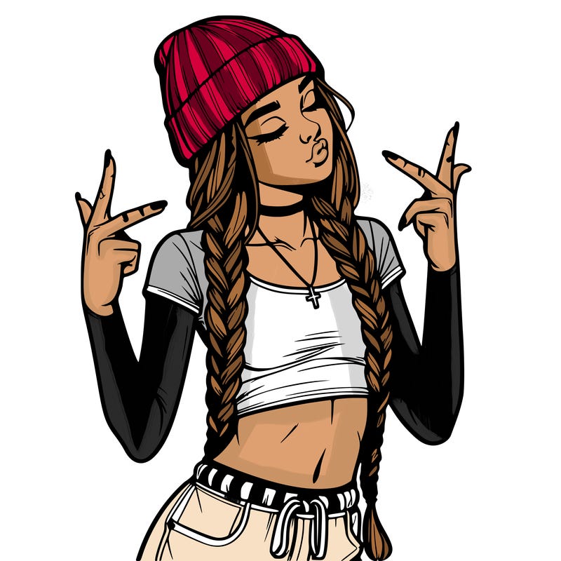 realistic teenage girl with braids and a beanie and crop top doing 🫶🏼