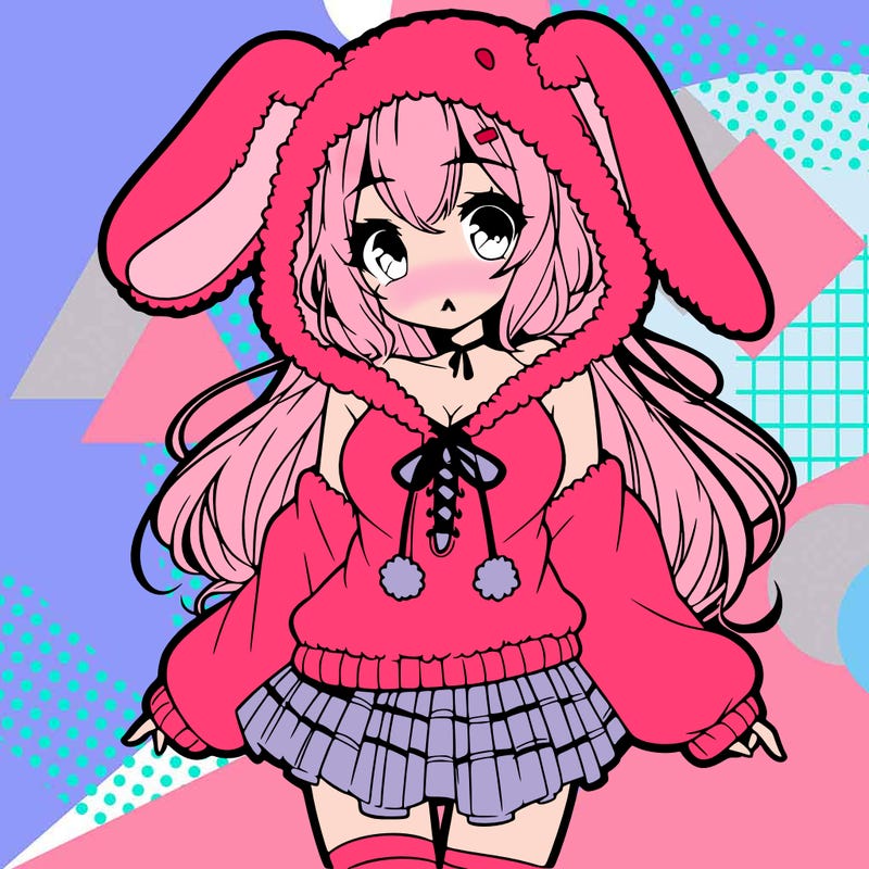 pretty anime girl wearing a fluffy hoodie with bunny ears on the hood and a skirt