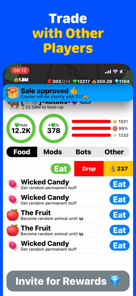 Cheapshot - Map Game - In-game inventory and trading interface in Cheapshot Map Game showing consumables like Wicked Candy and player stats