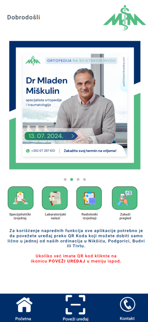 POLIKLINIKA MILMEDIKA - Poliklinika Milmedika app home screen with medical report icons and appointment booking features