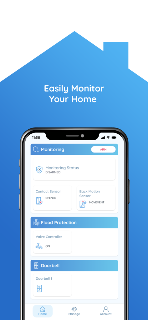 Rently Smart Home - Rently Smart Home app dashboard showing home monitoring status with contact sensors and flood protection