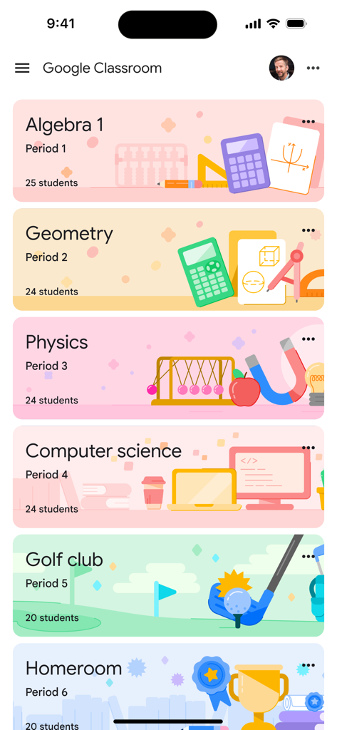 Interfaccia dell'app Google Classroom che mostra una dashboard di varie classi scolastiche con banner colorati