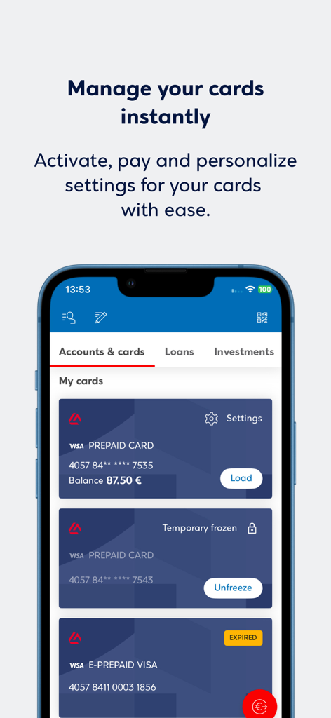 Eurobank Mobile App - Interfaccia dell'App Mobile Eurobank per la gestione delle carte con opzioni per caricare fondi e bloccare o sbloccare i conti