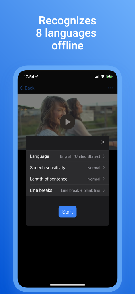 Video to Text Transcribe - Interface of a video to text transcription app showing settings for offline speech recognition in multiple languages.