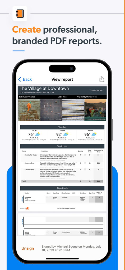 Raken Construction Management - A mobile screen showing a professional construction daily report with photos, weather data, and work logs in the Raken app.