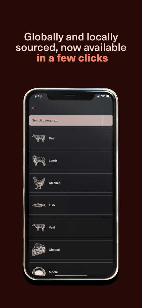 The Meatery mobile app interface showing categories for beef lamb chicken and fish with sketched icons