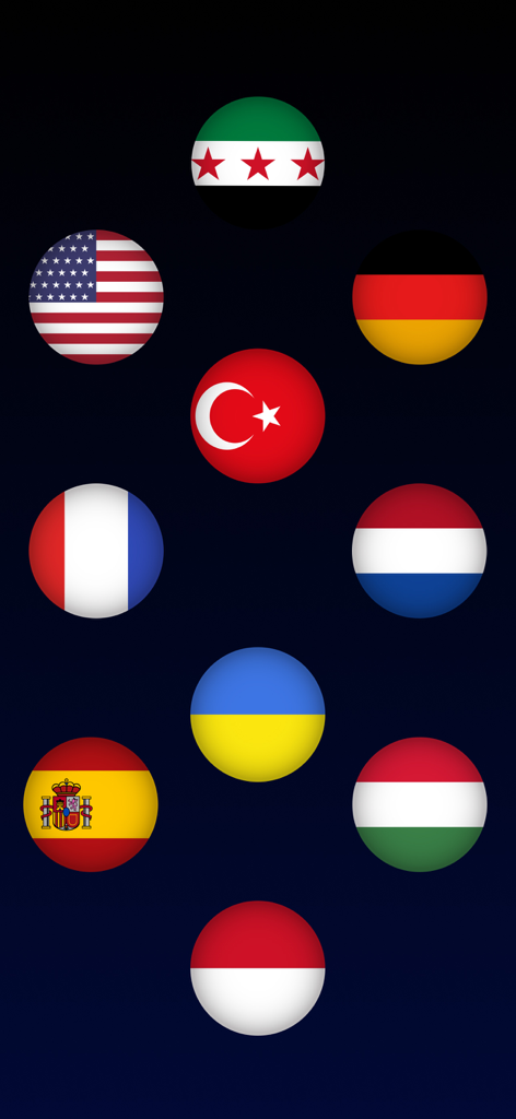 Eine Sammlung von runden Symbolen, die verschiedene nationale Flaggen darstellen, um die Mehrsprachigkeitsunterstützung der App zu präsentieren