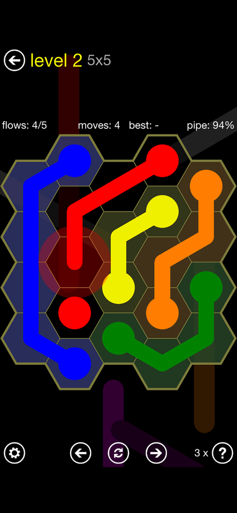 Flow Free: Hexes - Gameplay of Flow Free Hexes showing a 5x5 hexagonal puzzle grid with colorful connecting pipes