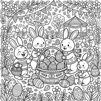 Join adorable chibi bunnies in a cheerful Easter community gathering, collecting decorated eggs amidst blooming spring flowers. This delightful coloring page subtly champions social harmony, offering a joyful and engaging artistic escape.