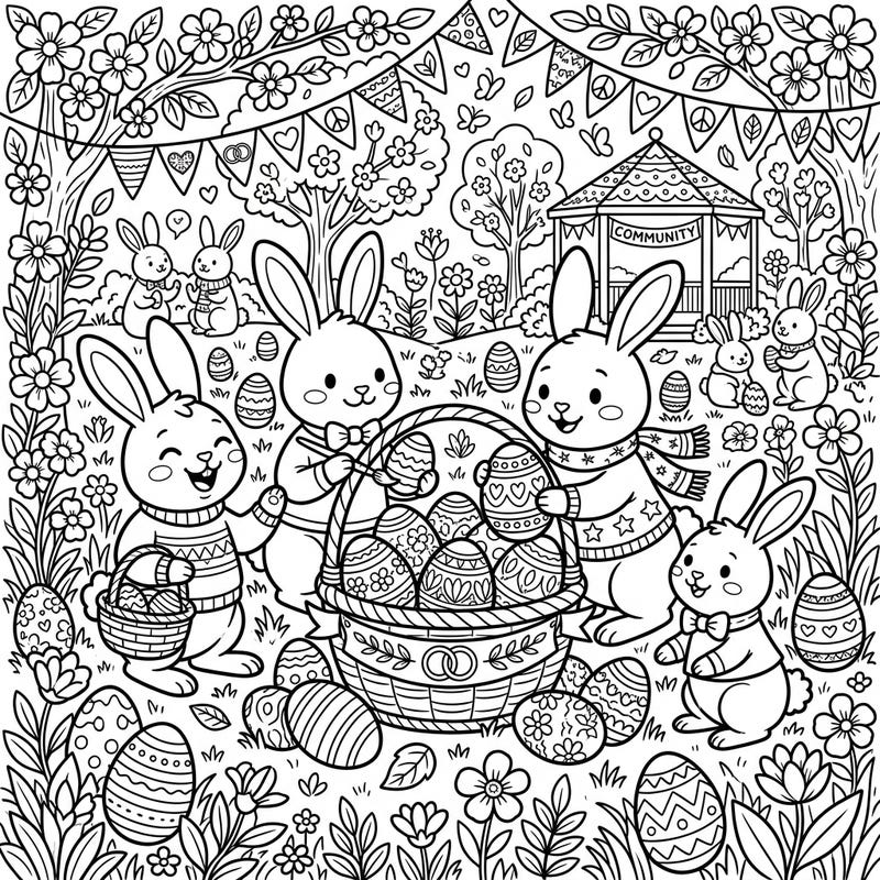 Join adorable chibi bunnies in a cheerful Easter community gathering, collecting decorated eggs amidst blooming spring flowers. This delightful coloring page subtly champions social harmony, offering a joyful and engaging artistic escape.