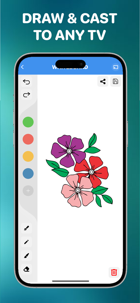 AllShare Cast ㅤ - iPhone screen displaying a digital whiteboard with a colorful flower drawing and tools for casting to any TV