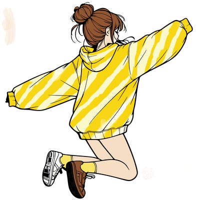 realistic girl jumping with a bun and oversized sweatshirt