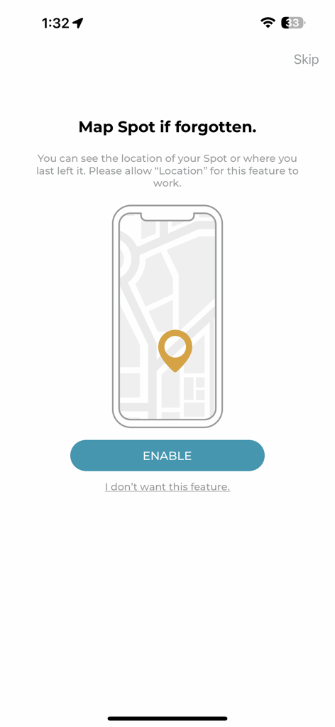 Spot 2.0 app screen for enabling location tracking to find forgotten items on a map.