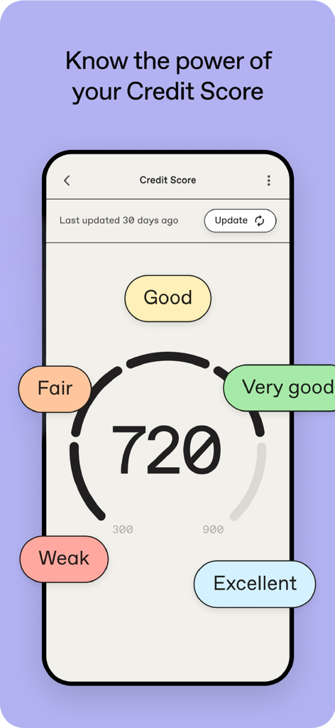 A mobile app screen displaying a credit score of 720 on a gauge with labels ranging from Weak to Excellent