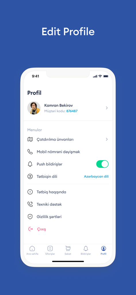 Badamlı - Benutzerprofilbildschirm der Badamli-Mineralwasserliefer-App mit Kontoeinstellungen und Menüs.