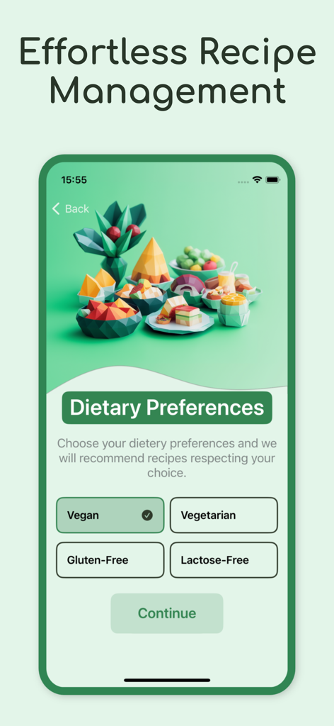 AI Meal planner: Easy Recipes - A mobile app screen for selecting dietary preferences like Vegan, Vegetarian, Gluten-Free, and Lactose-Free in the AI Meal planner app.