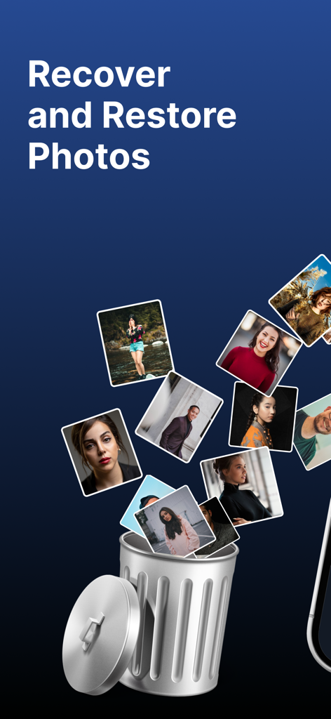 App-Bildschirm „Recover and Restore Photos“ mit Bildern, die aus einem Papierkorb fliegen