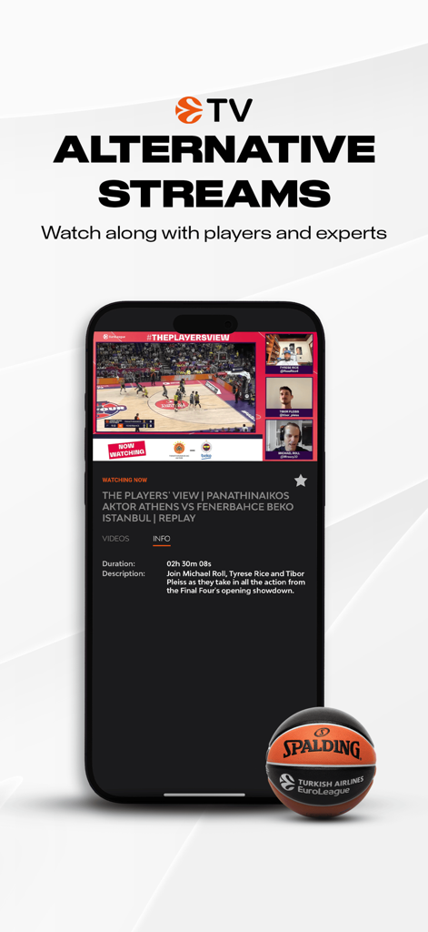 EuroLeague TV - EuroLeague TV app interface showing alternative streams with players and experts watch along feature.