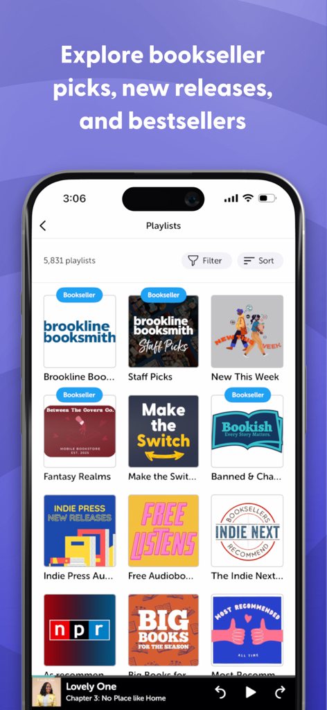Libro.fm app interface showing curated audiobook playlists and bookseller recommendations