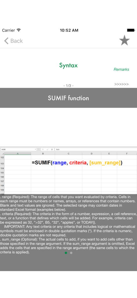Tips, Tricks, Guide for excel - A detailed explanation of the SUMIF function syntax and parameters in the Excel guide app