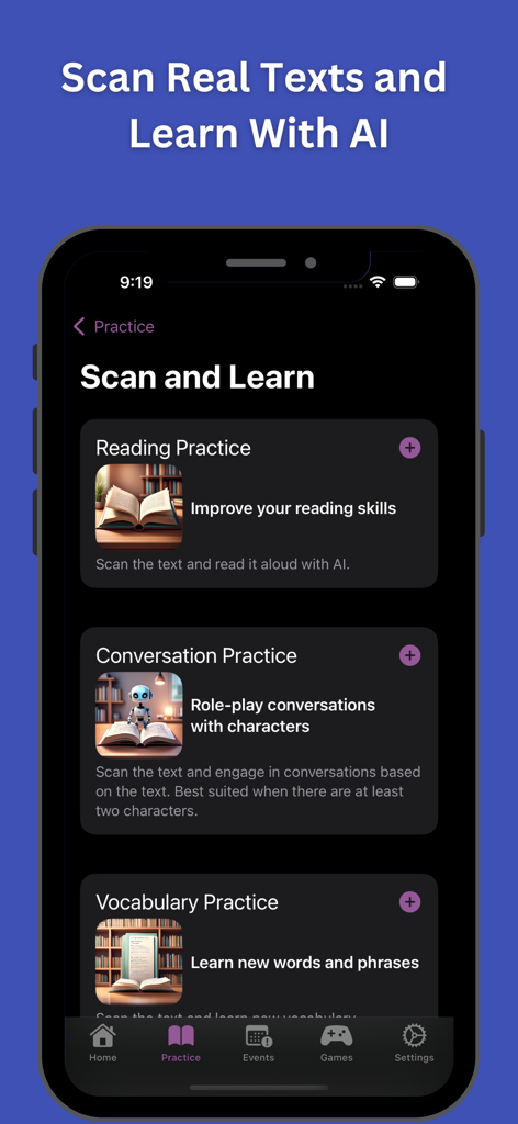 iPolyglot: Learn Language AI - The iPolyglot app practice menu showing reading conversation and vocabulary learning options with AI.
