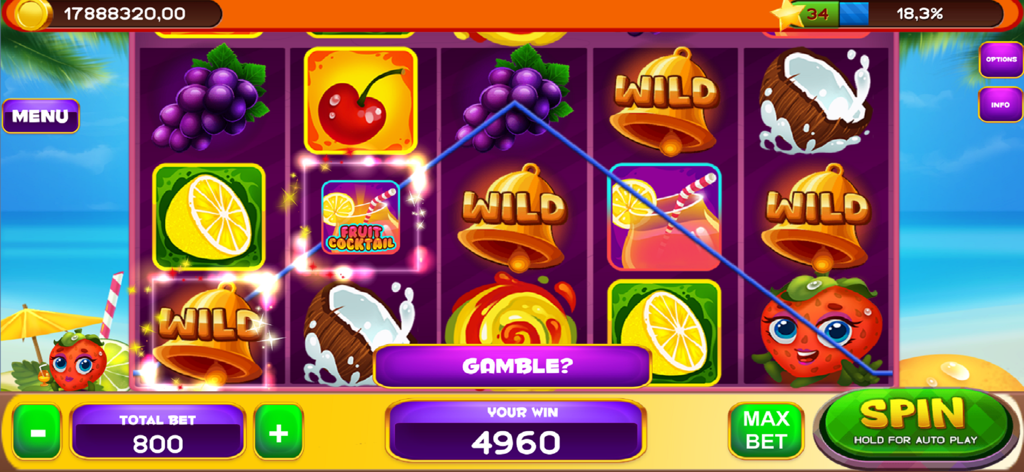 Casino Games: Golden Club 777 - Una interfaz de máquina tragaperras con temática de playa en Golden Club 777 que muestra símbolos de frutas y un pago ganador.