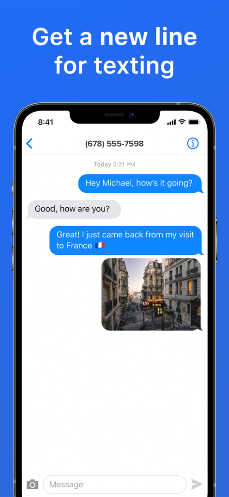 Smartphone display showing a text message conversation and photo sharing within the Second Texting Number app interface