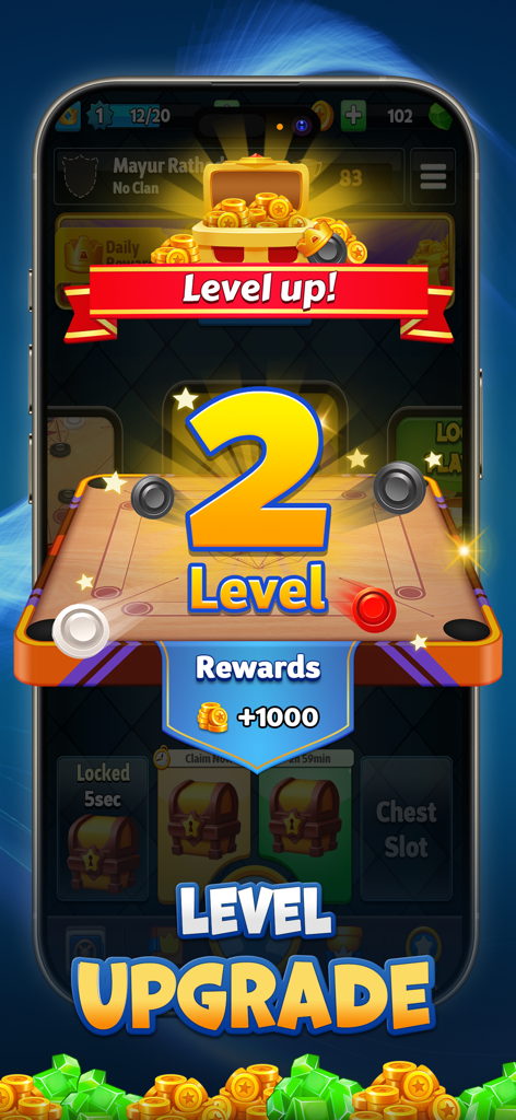 Carrom Royale - Una pantalla de subida de nivel en Carrom Royale que muestra el nivel 2 alcanzado y una recompensa de 1000 monedas