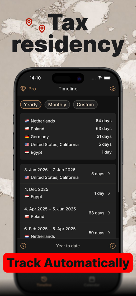 Country Tracker Tax Residency - A smartphone showing the Country Tracker app timeline view with a yearly summary of days spent in different countries like the Netherlands and Poland.