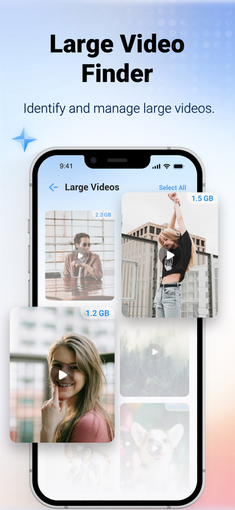 Space Saver-Phone Cleanup - Space Saver app interface showing the Large Video Finder feature to identify and manage heavy video files on an iPhone.