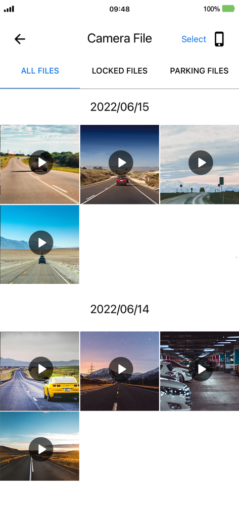 VIOFO - VIOFO app camera file gallery showing recorded dashcam videos organized by date.