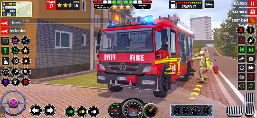 Rescue Squad Firestorm Mission - Mobile game screenshot showing a red fire truck and firefighter mission